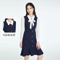 淑女可拆卸领假两件拼接连衣裙女（海军蓝/浅米色）